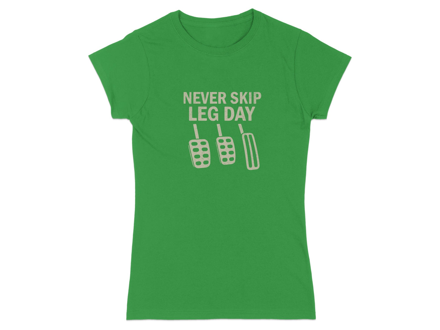Green t-shirt with "Never Skip Leg Day" and pedal graphic.