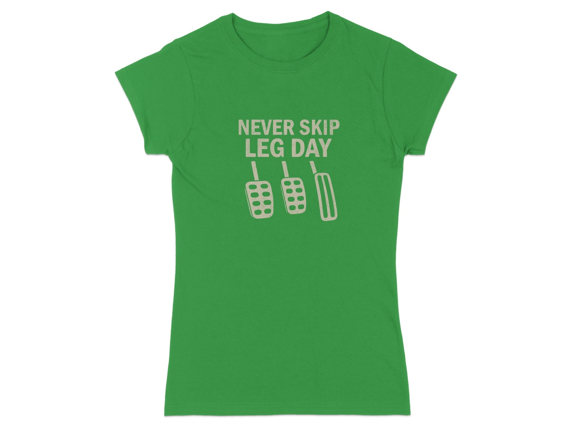 Green t-shirt with "Never Skip Leg Day" and pedal graphic.