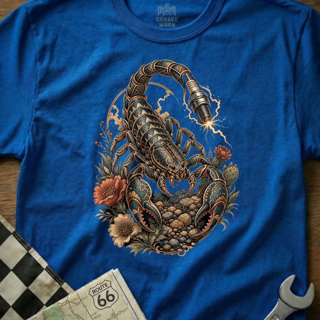 Royal blue t-shirt with a detailed scorpion design featuring a spark plug and floral elements.