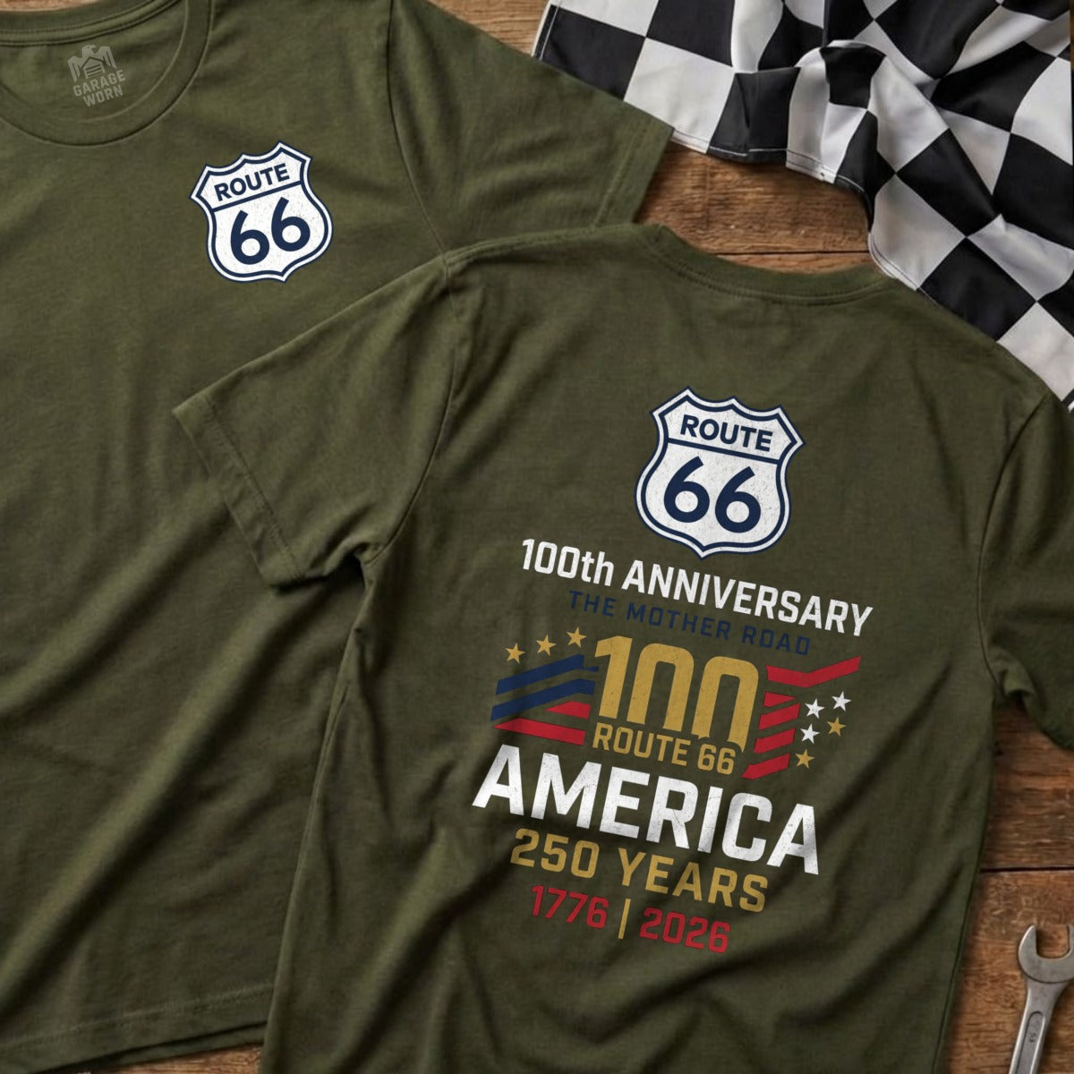 Olive t-shirt with Route 66 100th anniversary "America 250 Years" design.