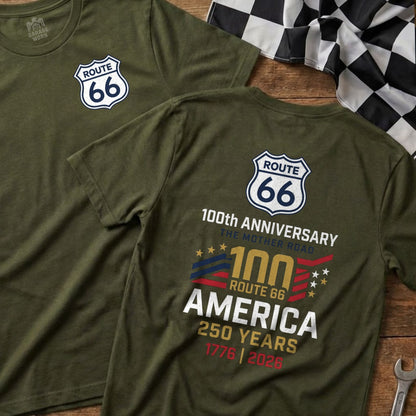 Olive t-shirt with Route 66 100th anniversary "America 250 Years" design.