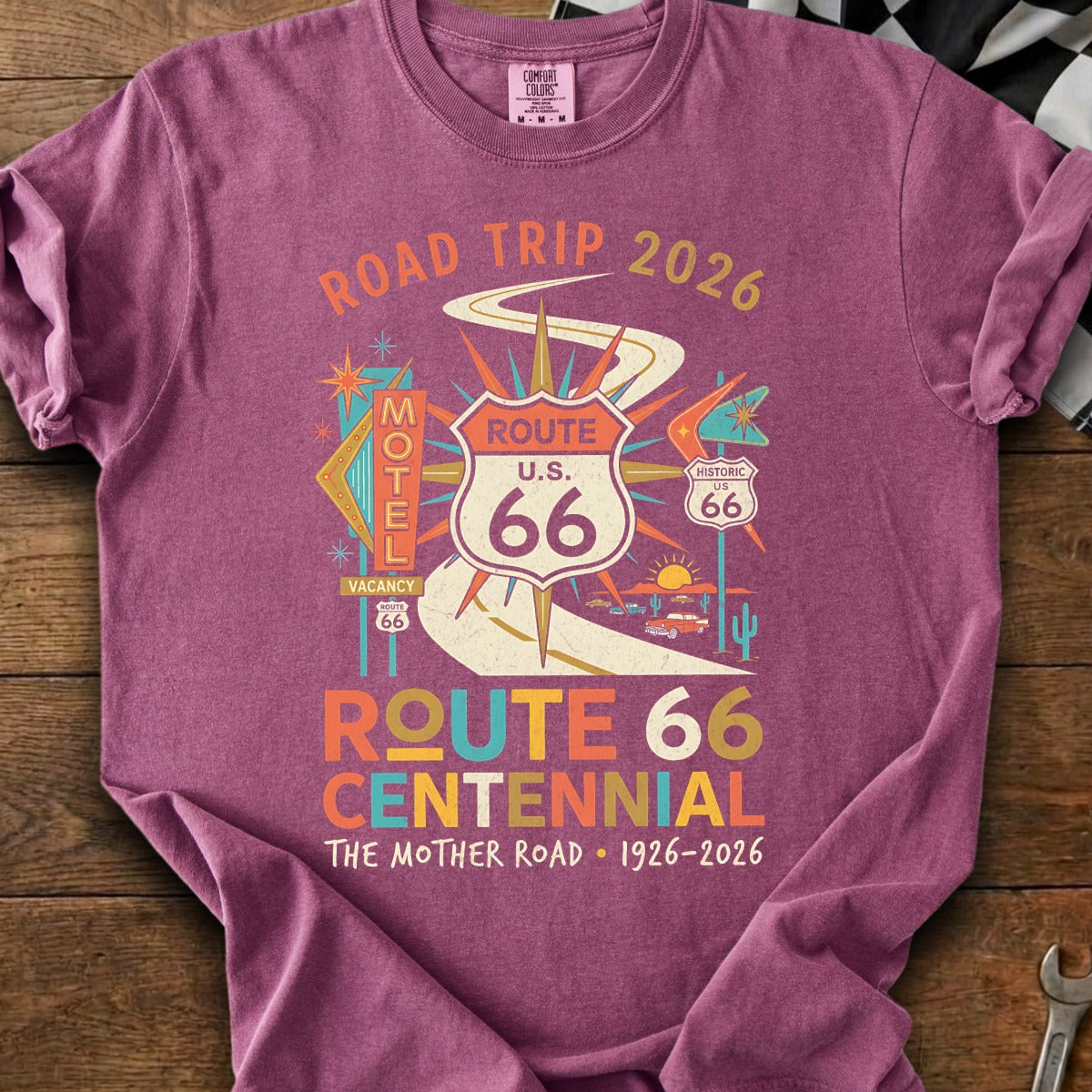 Route 66 Centennial t-shirt with "Road Trip 2026" and retro graphics.