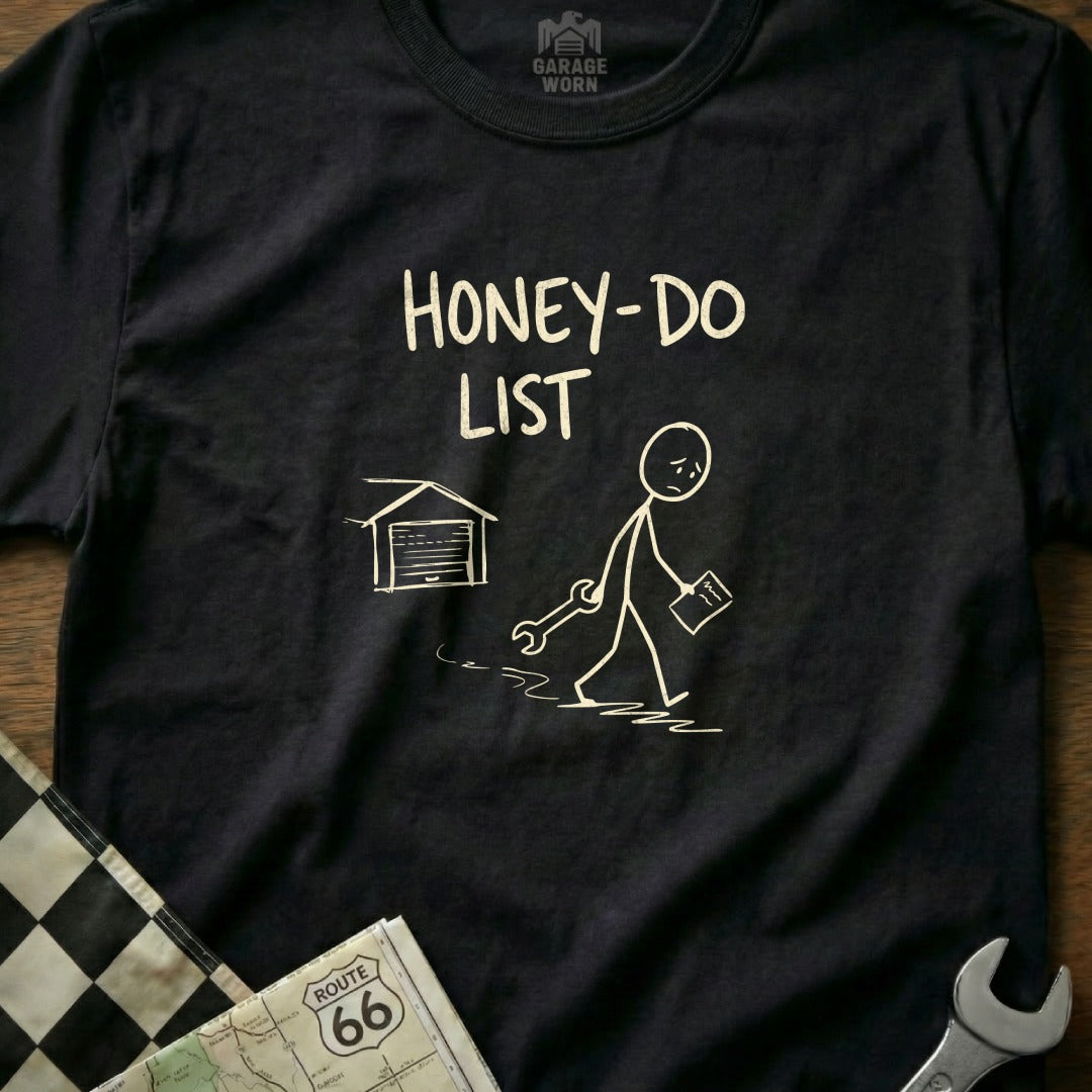 Black t-shirt with "HONEY-DO LIST" text and a stick figure with a wrench.