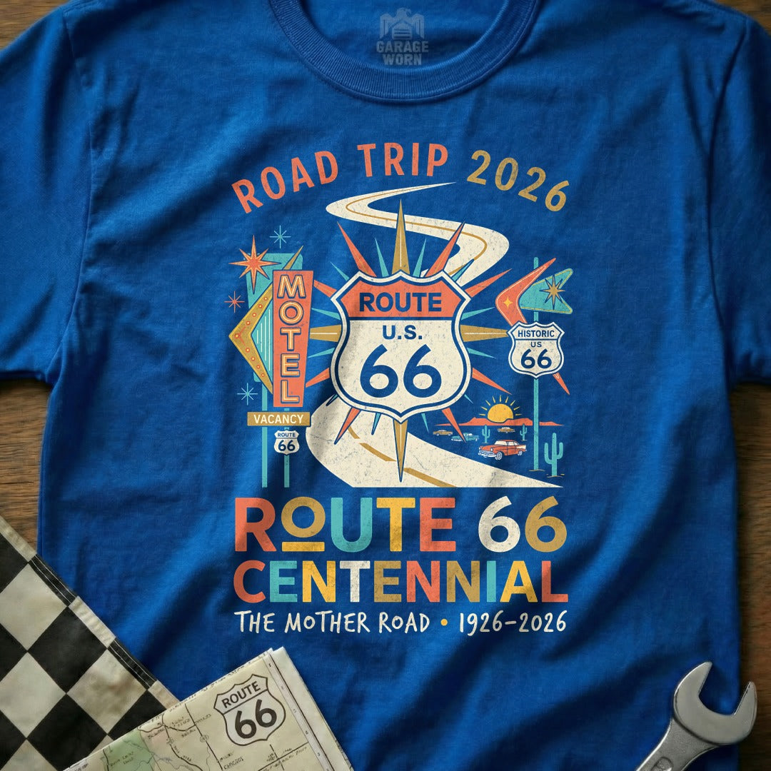 Blue t-shirt with Route 66 Centennial design and text.