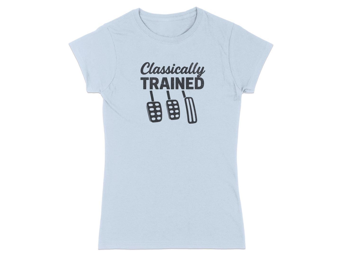 Light blue t-shirt with "Classically TRAINED" and clutch, brake, and accelerator pedals.