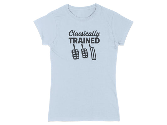 Light blue t-shirt with "Classically TRAINED" and clutch, brake, and accelerator pedals.