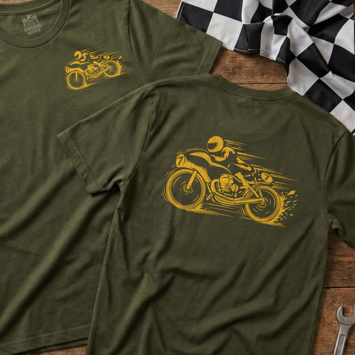 Olive green t-shirts featuring vintage motorcycle racing graphic.