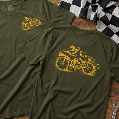 Olive green t-shirts featuring vintage motorcycle racing graphic.