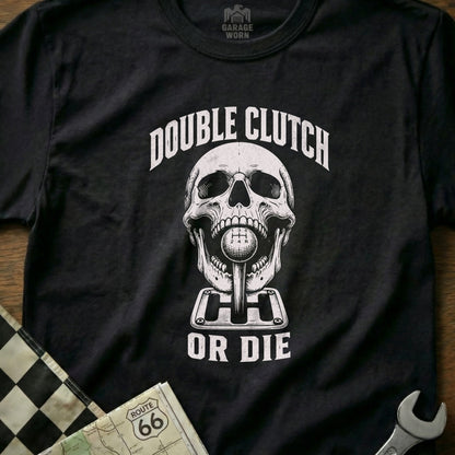 Black t-shirt with skull, gear shift, and "Double Clutch Or Die" text.