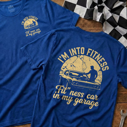 Blue t-shirts with "I'M INTO FITNESS Fit'ness car in my garage" text and car graphic.