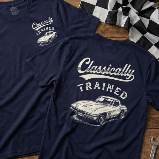 Navy t-shirt with a vintage car graphic and "Classically Trained" text.