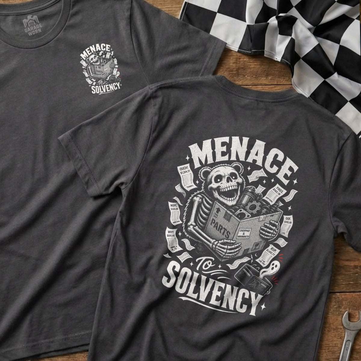 Menace to Solvency t-shirt design with skeleton bear holding parts box and money receipts.