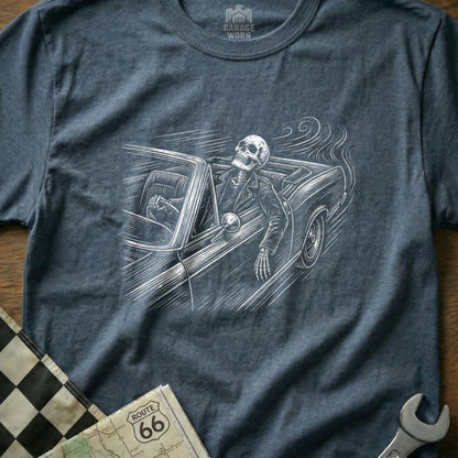 Skeleton driving a classic convertible on a dark blue t-shirt.