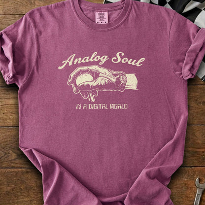 Pink t-shirt with "Analog Soul" graphic and text "IN A DIGITAL WORLD".