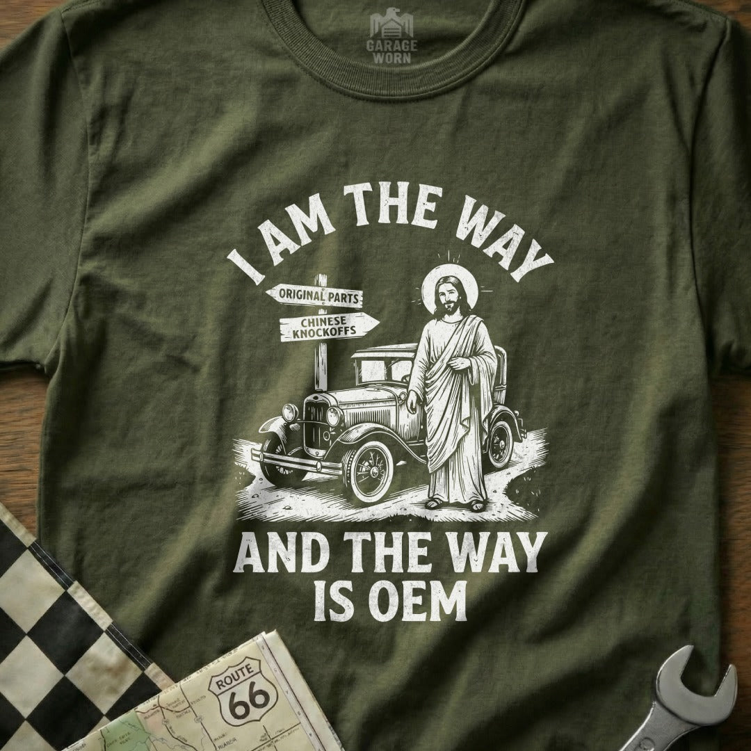 T-shirt with "I AM THE WAY AND THE WAY IS OEM" text and Jesus beside an old car.