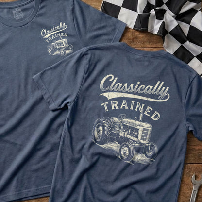 Blue t-shirts with "Classically Trained" text and tractor graphic.