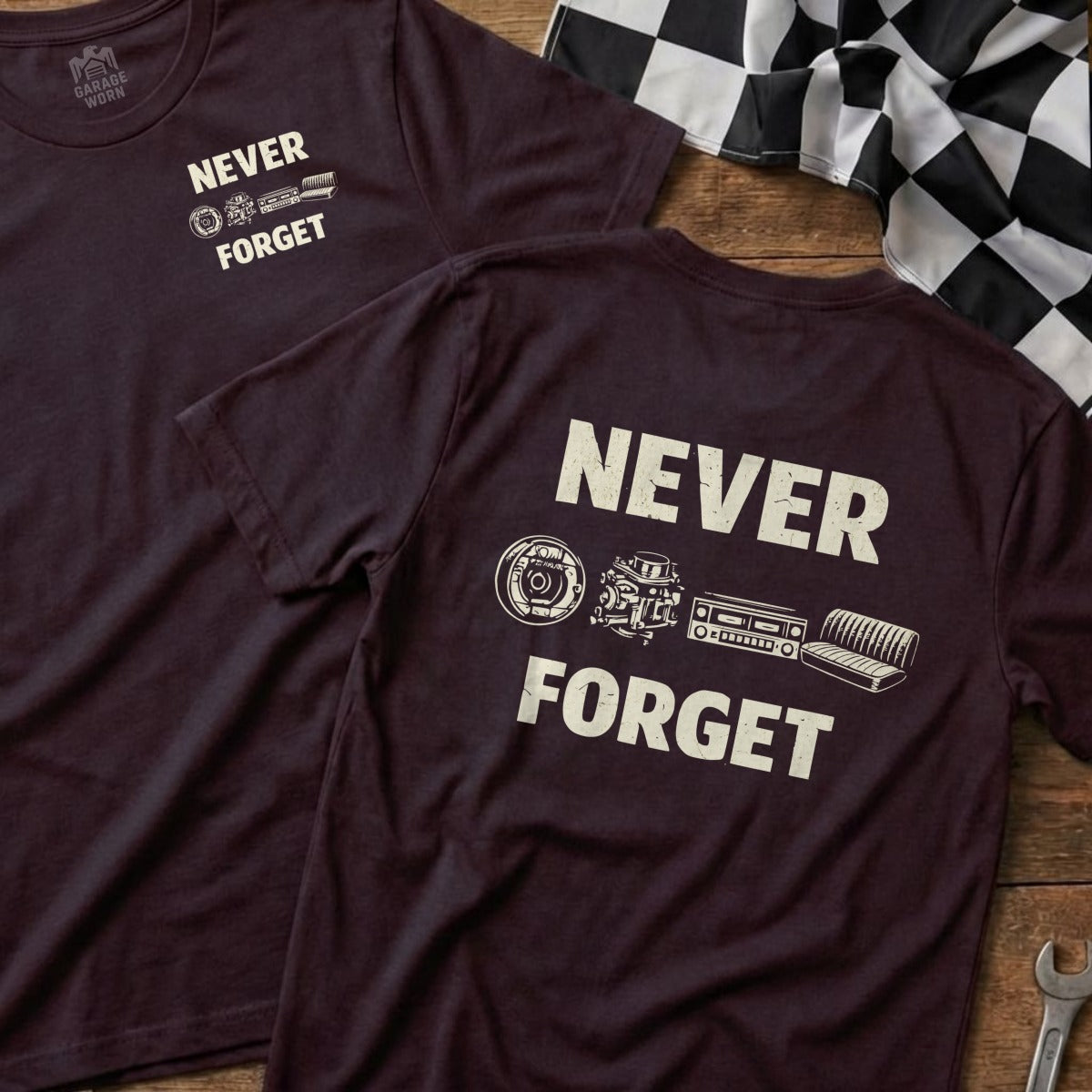 Dark t-shirts with "Never Forget" text and vintage car part graphics.