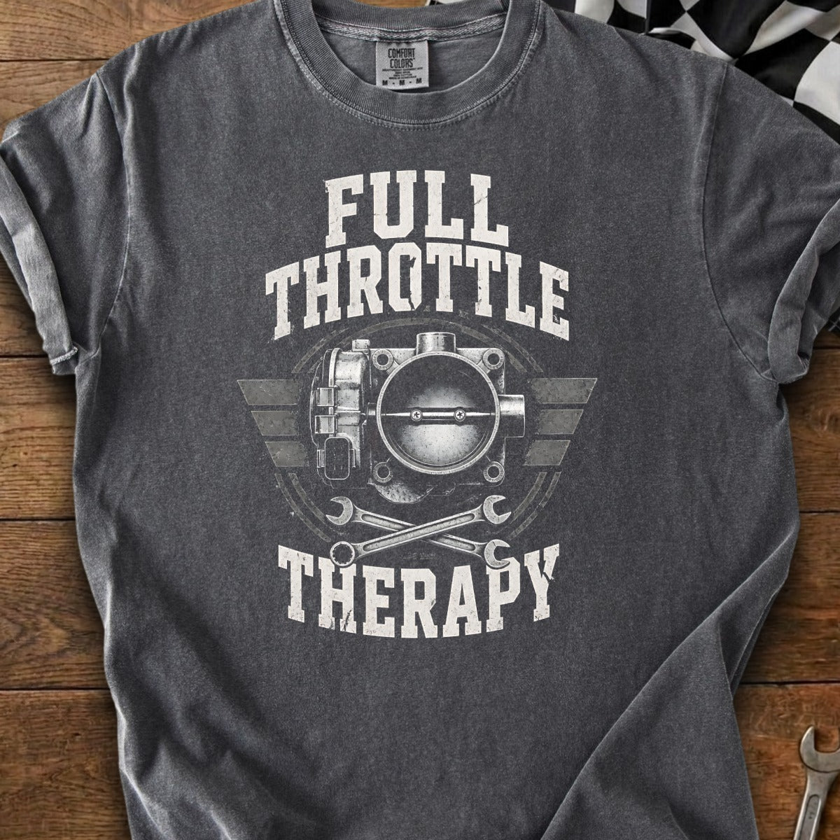 "Full Throttle Therapy" graphic with throttle body and crossed wrenches on a dark t-shirt.
