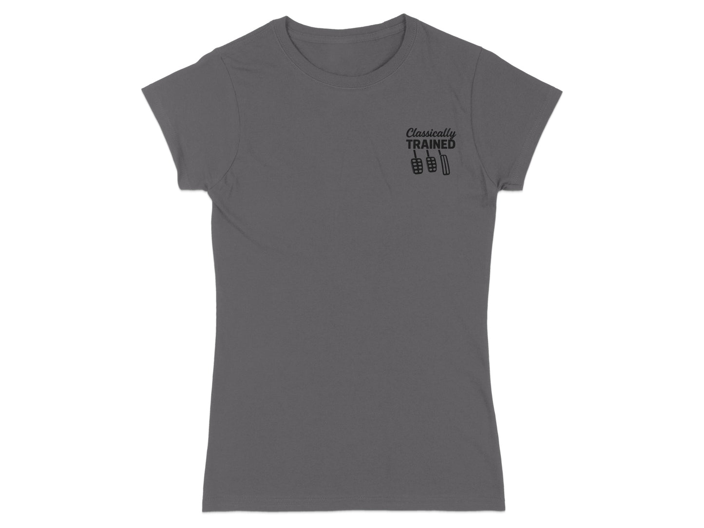 Gray t-shirt with "Classically Trained" text and pedal graphic.