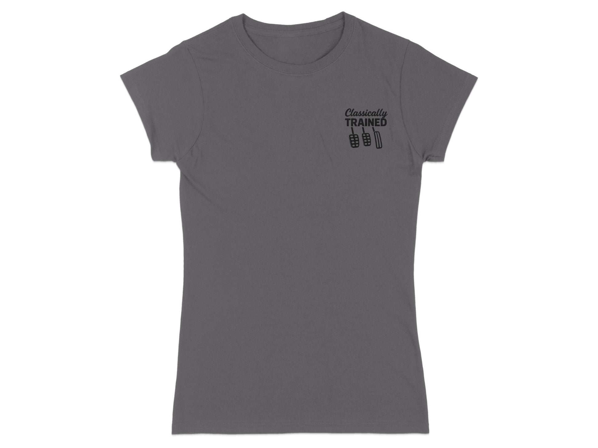 Gray t-shirt with "Classically Trained" text and pedal graphic.