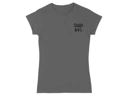 Gray t-shirt with "Classically Trained" text and pedal graphic.