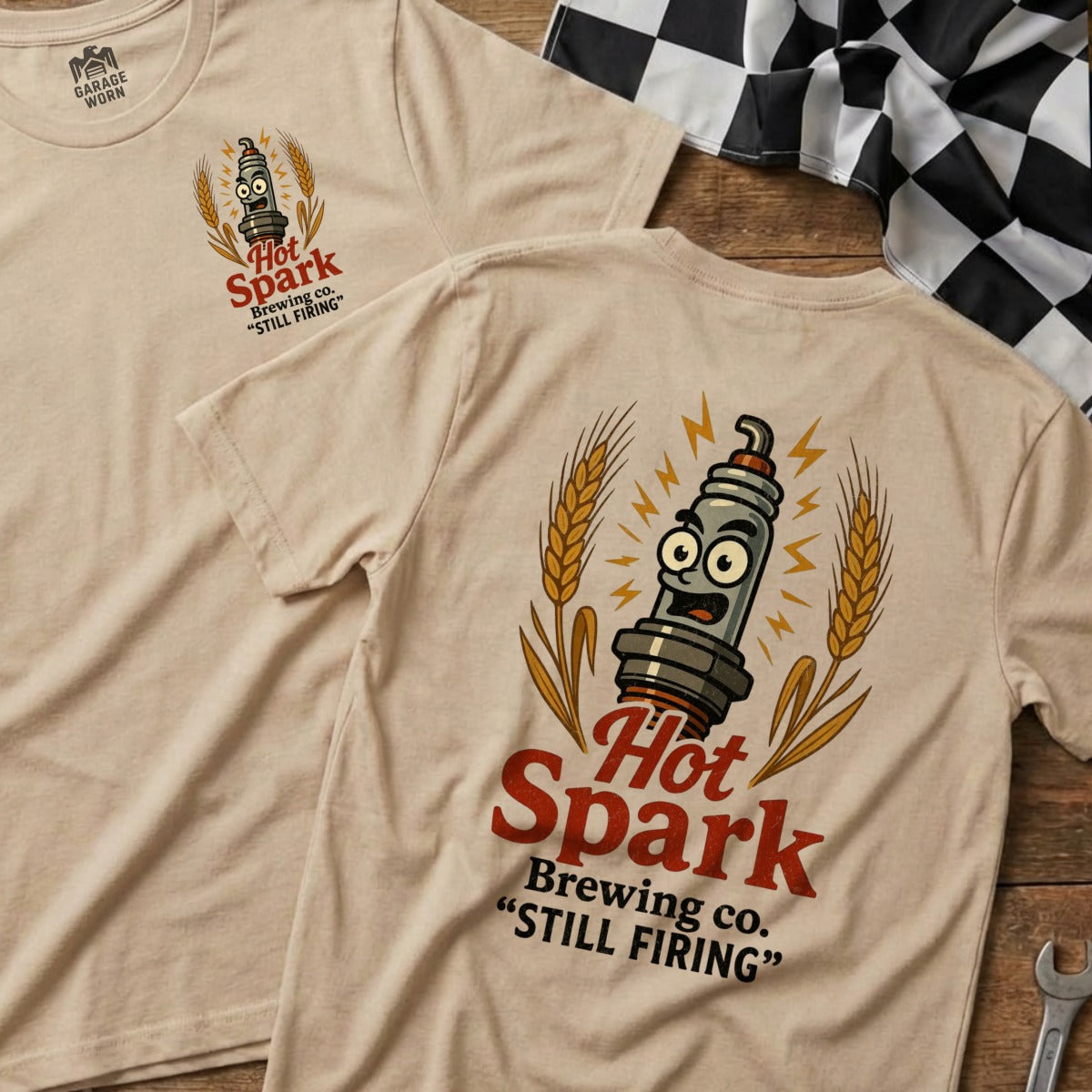 T-shirt with Hot Spark Brewing Co. "Still Firing" logo featuring a cartoon spark plug.