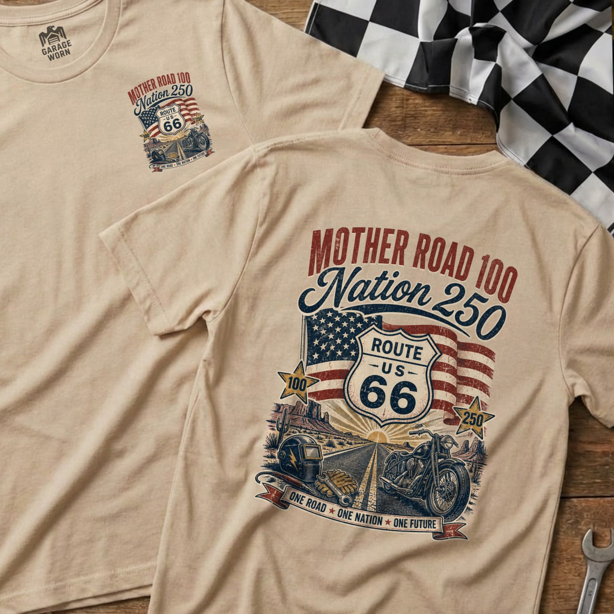 Two tan t-shirts with "Mother Road 100 Nation 250" graphic featuring Route 66, US flag, motorcycle.