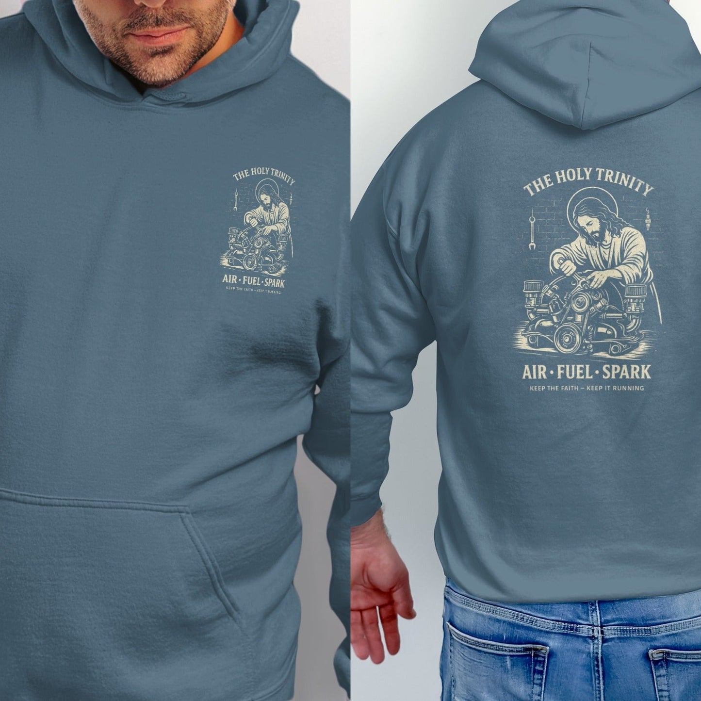 Blue hoodie with Jesus working on an engine, text: The Holy Trinity, Air-Fuel-Spark.