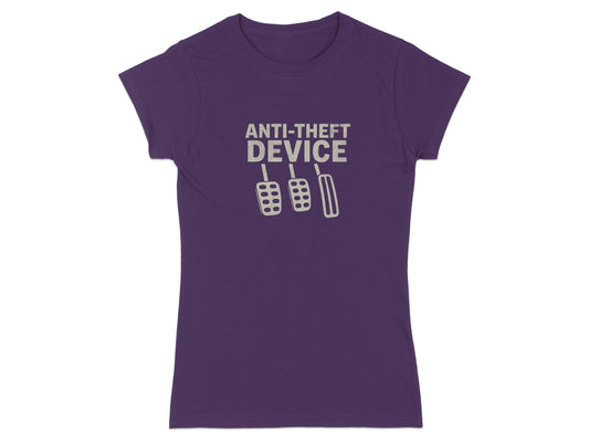 Purple t-shirt with "ANTI-THEFT DEVICE" and pedal graphics.