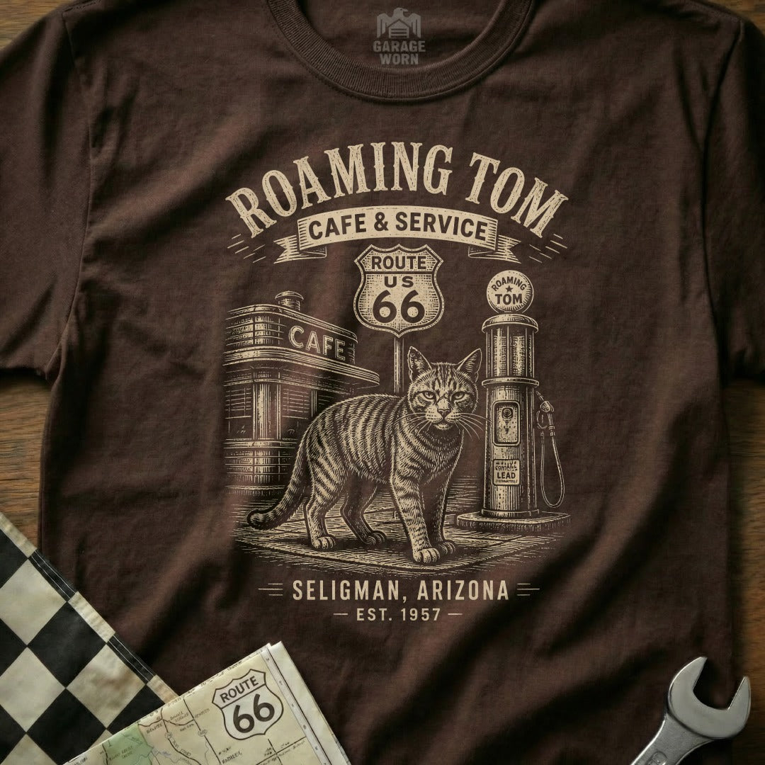 Brown t-shirt with Roaming Tom Cafe & Service Route 66 Seligman Arizona design.