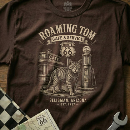 Brown t-shirt with Roaming Tom Cafe & Service Route 66 Seligman Arizona design.