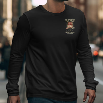 Black long-sleeve shirt with Route 66 graphic and text.