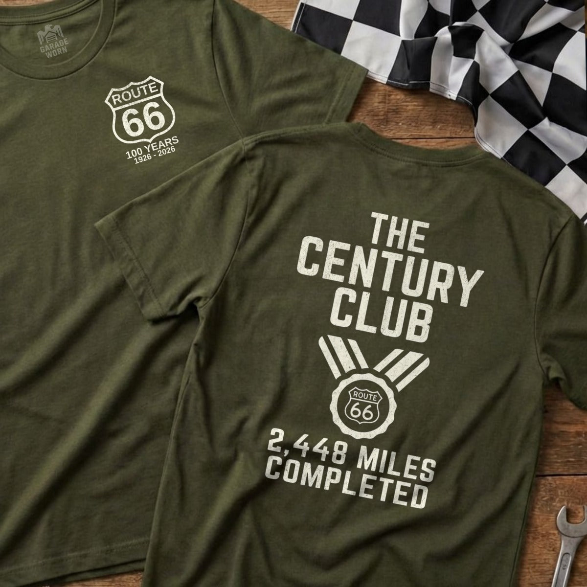 Green t-shirt with Route 66 logo and "The Century Club 2,448 Miles Completed."