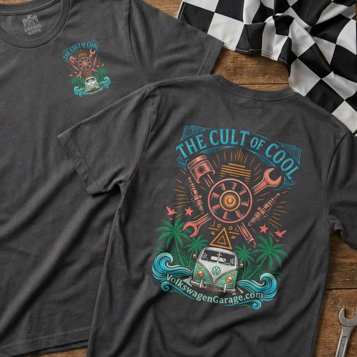 T-shirt graphic with "The Cult of Cool" text, vintage van, tools, and palm trees.