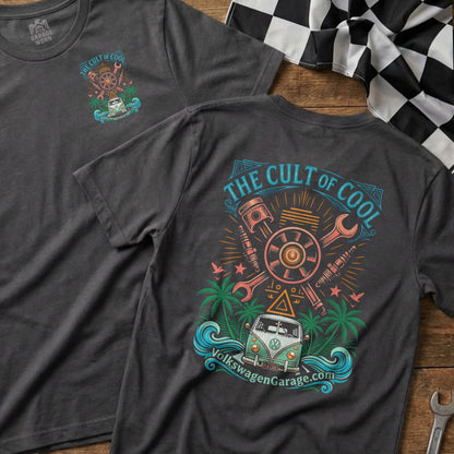 T-shirt graphic with "The Cult of Cool" text, vintage van, tools, and palm trees.
