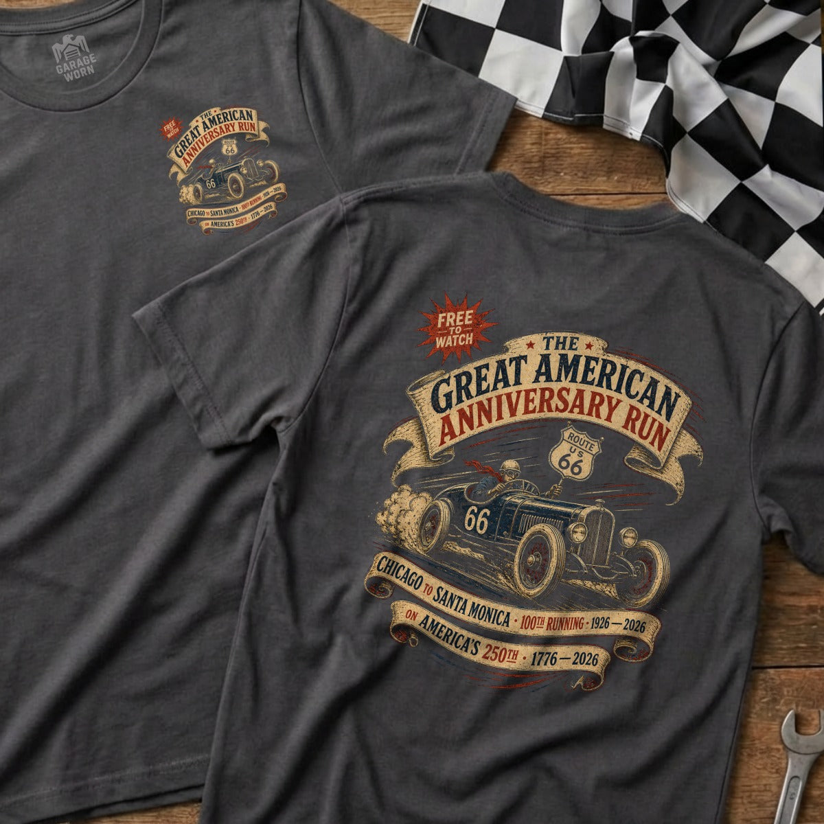 T-shirt graphic: vintage car, Route 66, Great American Anniversary Run text.