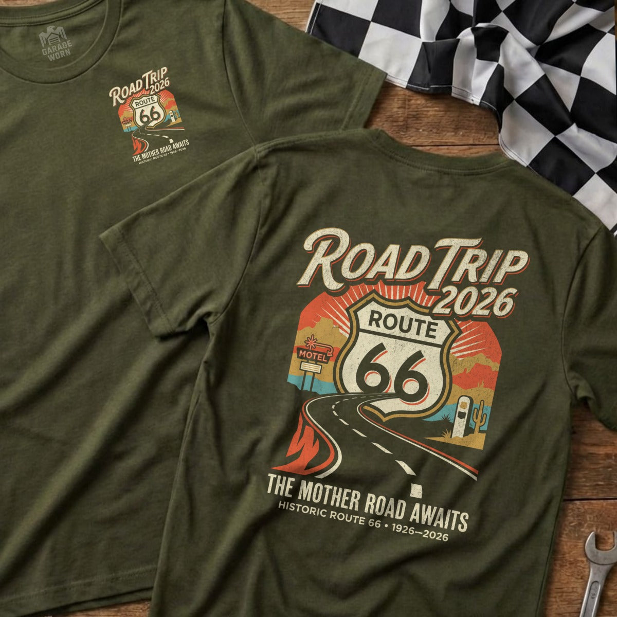 Green t-shirt with "Road Trip 2026 Route 66" graphic and checkered flag.