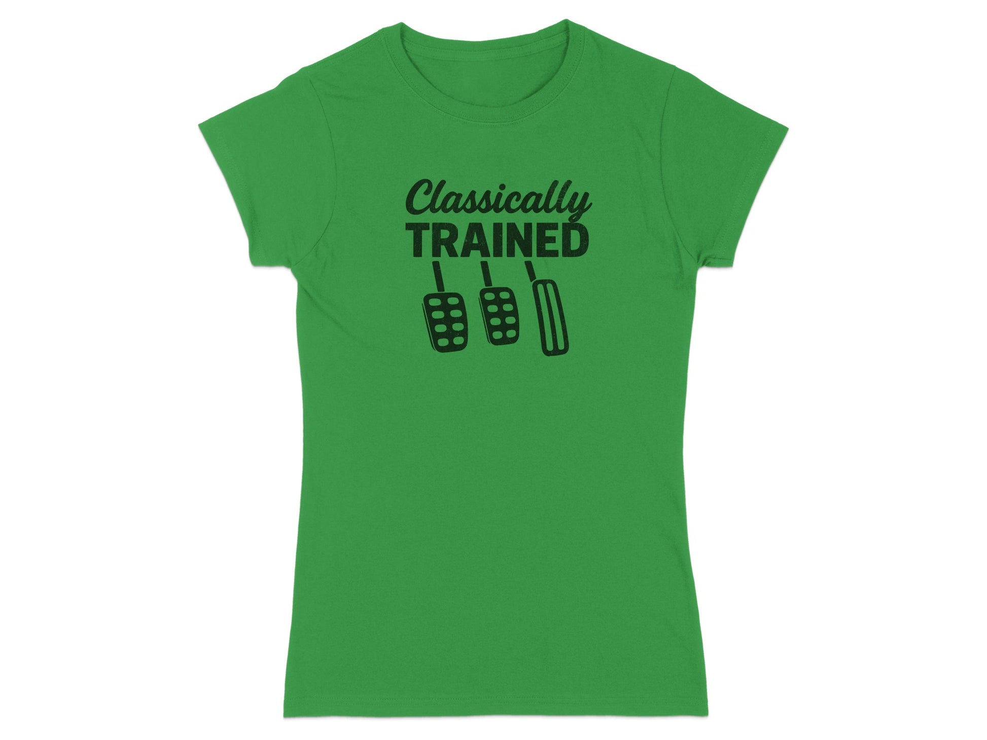 Green t-shirt with "Classically Trained" and three pedals graphic.