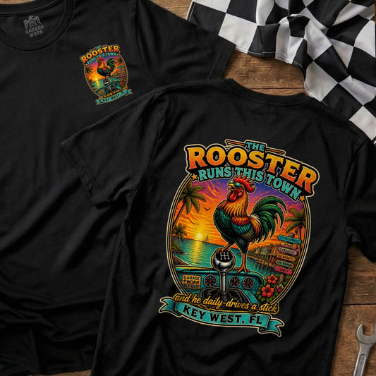 Black t-shirt with rooster graphic: "The Rooster Runs This Town" and Key West, FL.