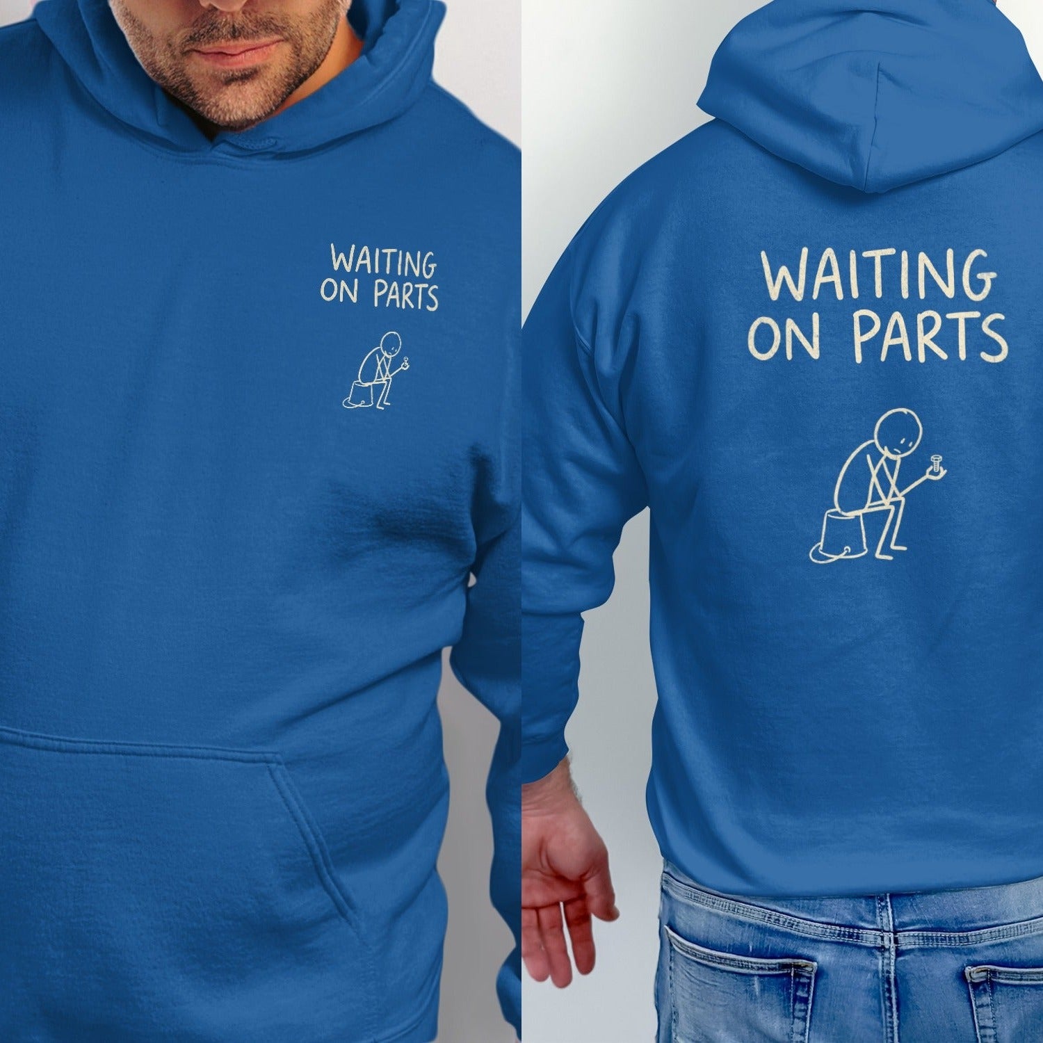 Blue hoodie with "WAITING ON PARTS" text and stick figure illustration.