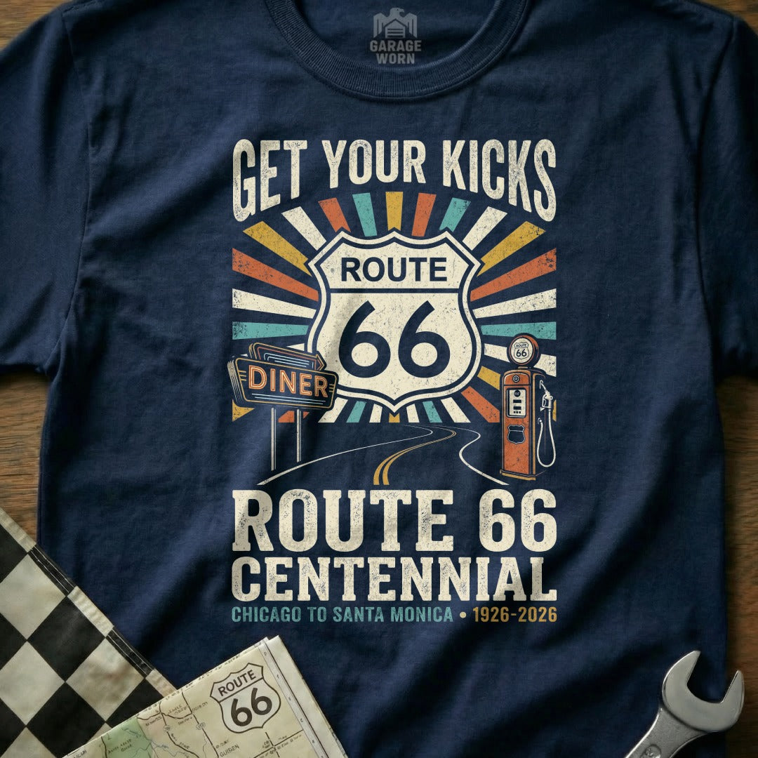 Route 66 Centennial t-shirt with vintage gas station and diner graphics.