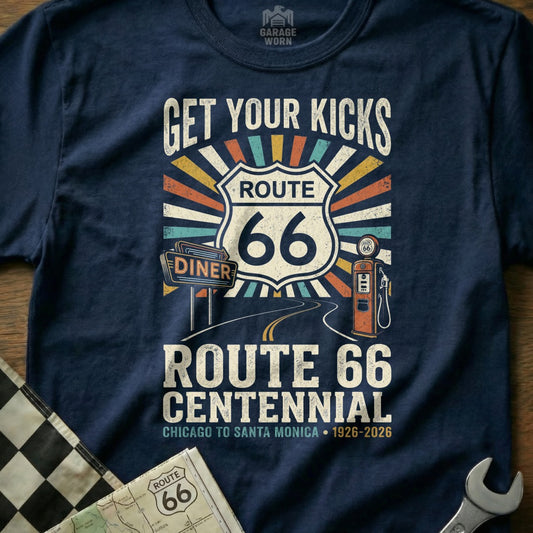 Route 66 Centennial t-shirt with vintage gas station and diner graphics.