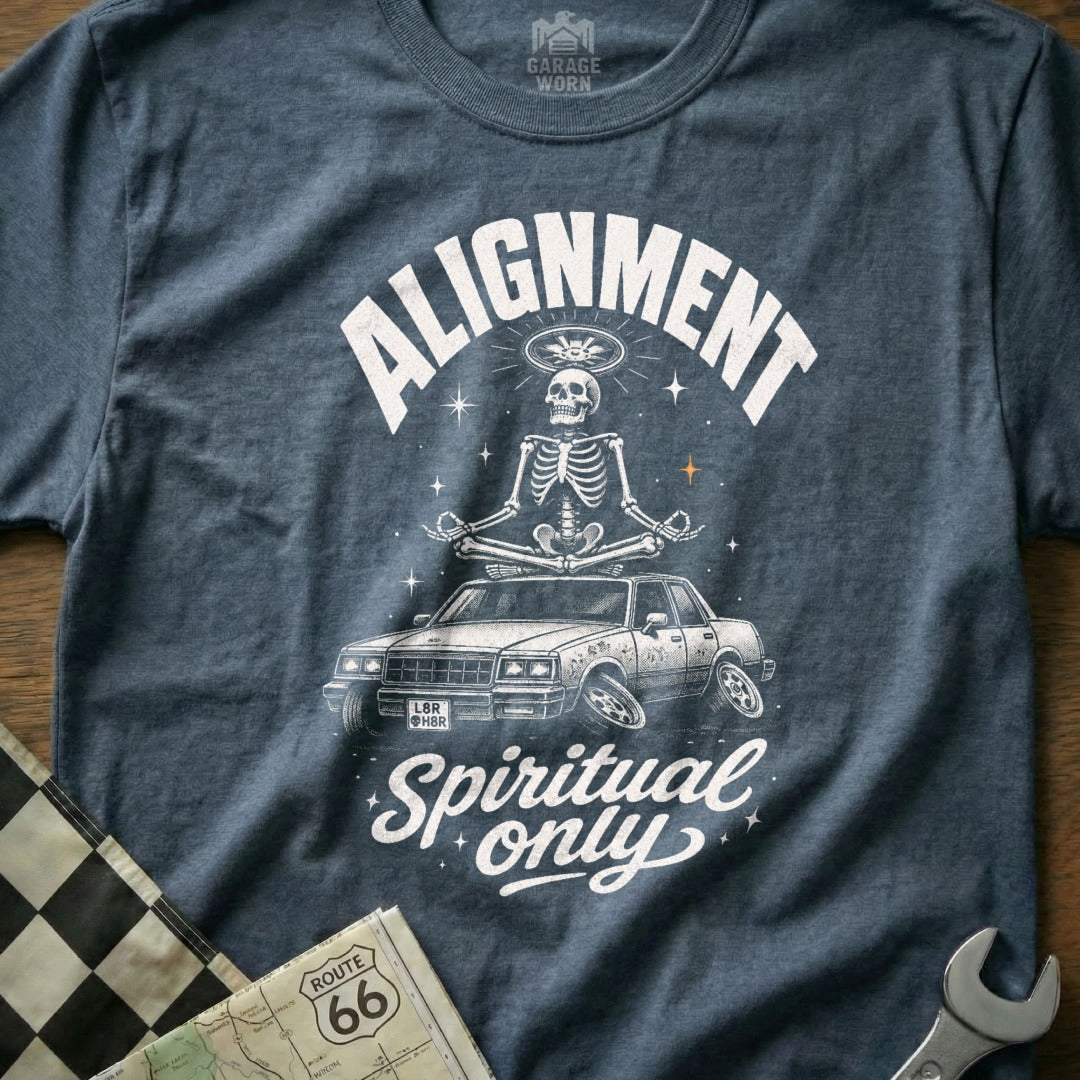 Skeleton meditating on a car with "Alignment Spiritual Only" text.