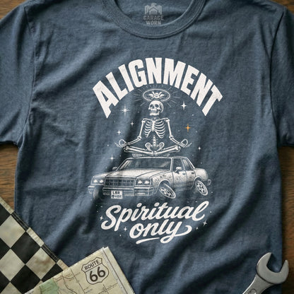 Skeleton meditating on a car with "Alignment Spiritual Only" text.