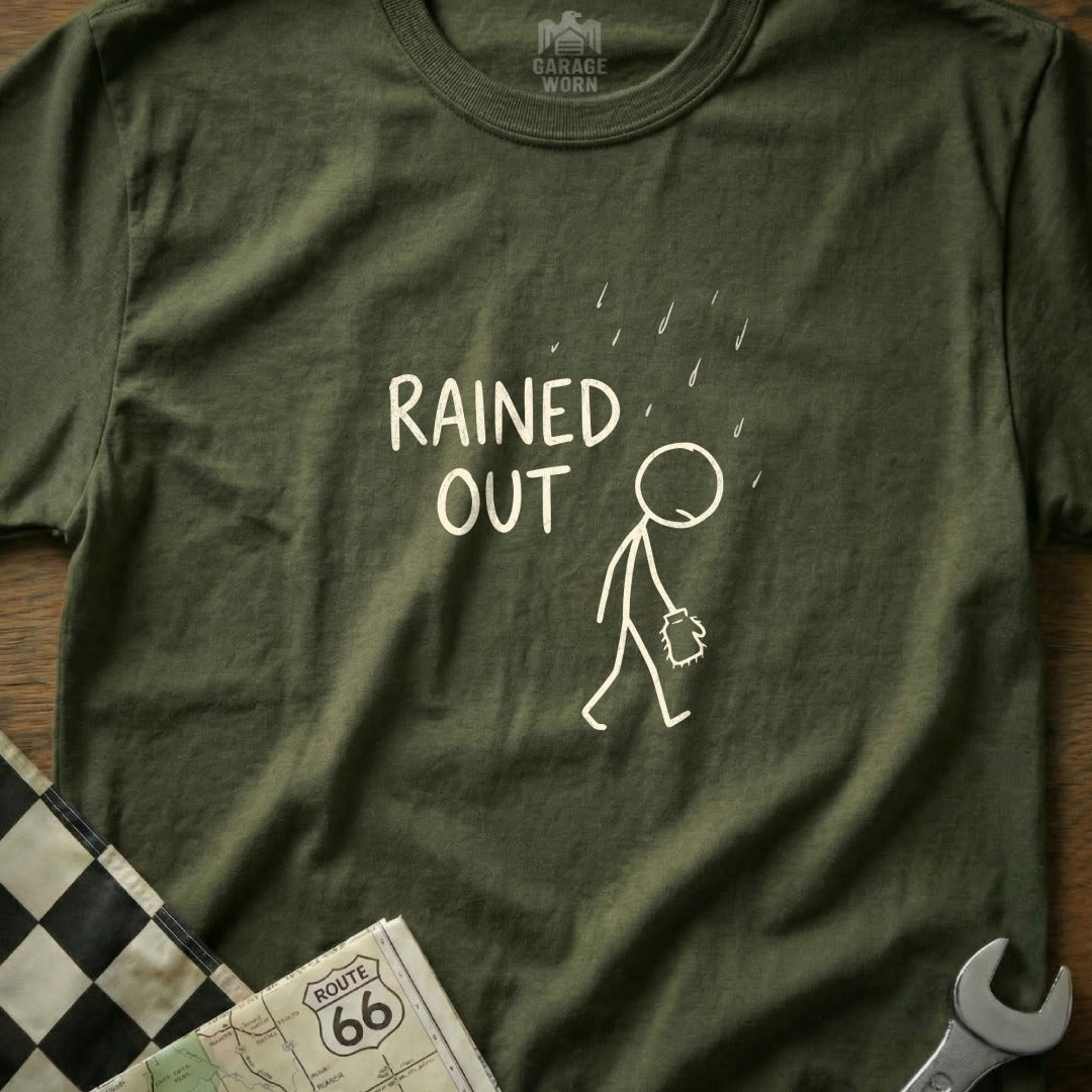 Green t-shirt with stick figure and "Rained Out" text.