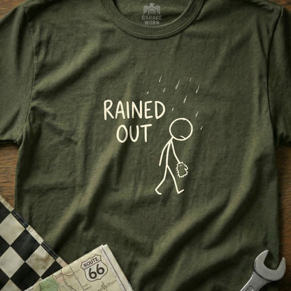 Green t-shirt with stick figure and "Rained Out" text.