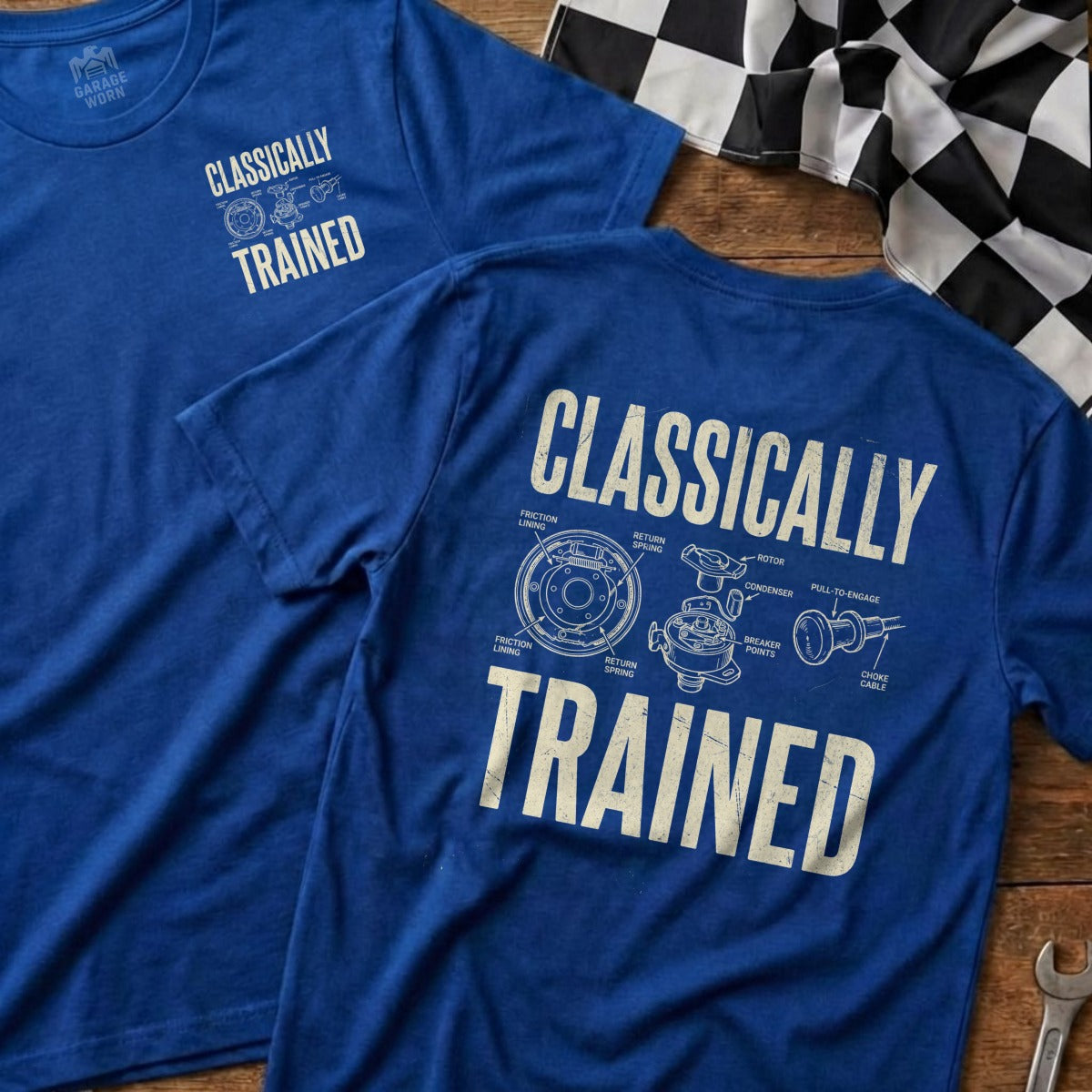 Blue t-shirts with "CLASSICALLY TRAINED" and a diagram of a brake system.