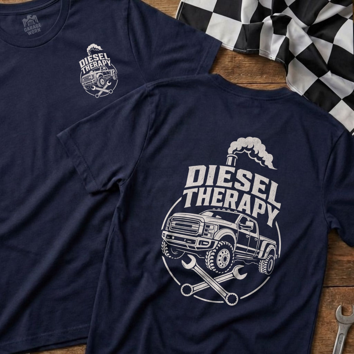 Navy t-shirts with "Diesel Therapy" graphic featuring a pickup truck and wrenches.