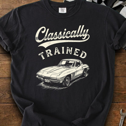 Black t-shirt with "Classically TRAINED" text and a vintage Corvette graphic.