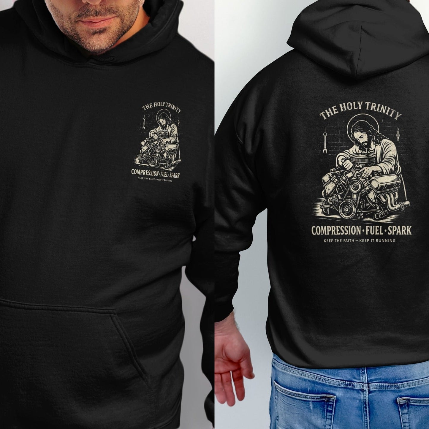 Black hoodie with Jesus working on an engine graphic and text.